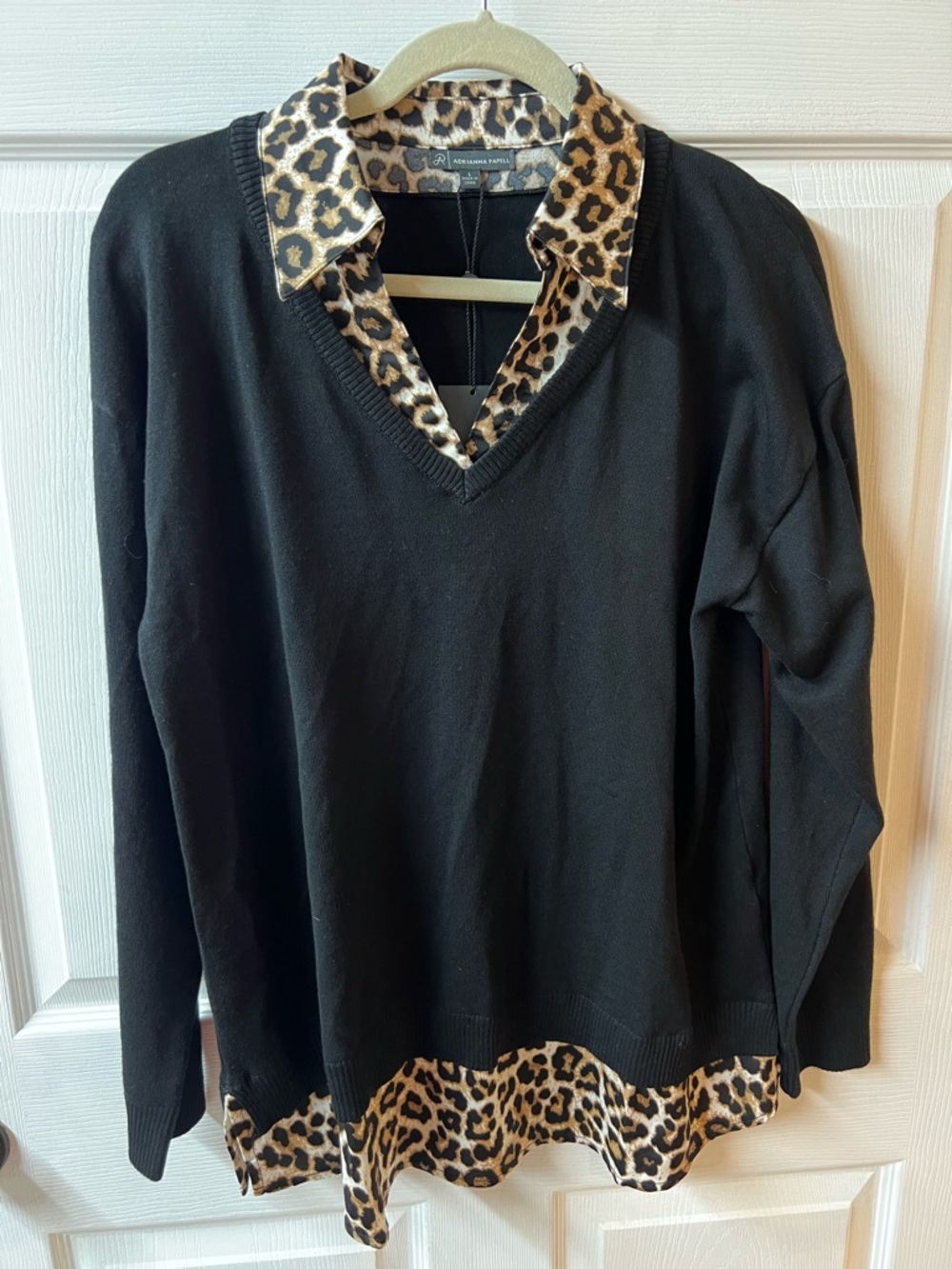 🆕 Adrianna Papell Black V‑Neck Sweater with Leopard Print Trim